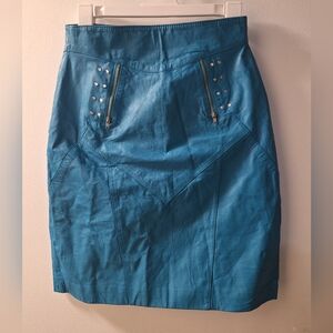 Vintage 80s Chia Turquoise 100% Leather Bodycon Fitted Mini Skirt S